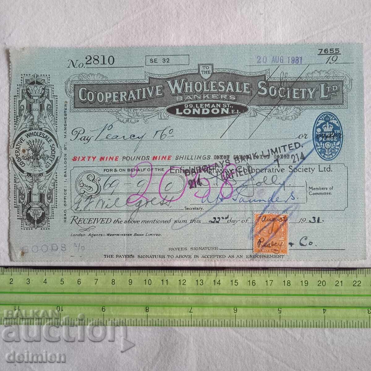1931 England Bon, Bank Cheque, Commercial Cheque London, 1931 with price € 1.50 | 2.93 BGN