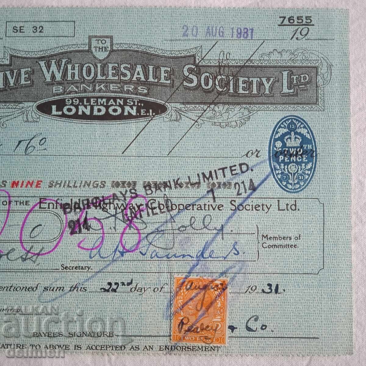1931 England Bon, Bank Cheque, Commercial Cheque London, 1931 - 5