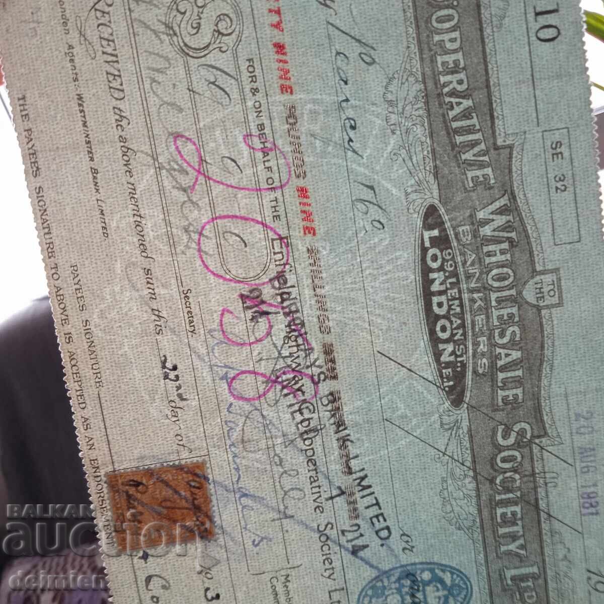 1931 England Bon, Bank Cheque, Commercial Cheque London, 1931 - 7