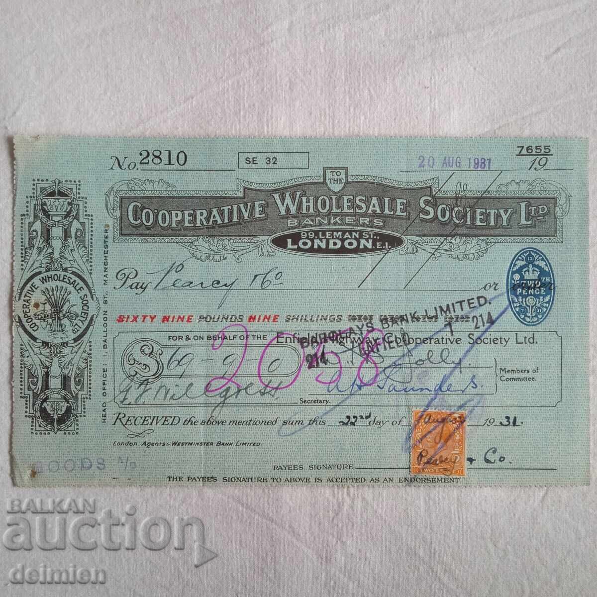 1931 England Bon, Bank Cheque, Commercial Cheque London, 1931