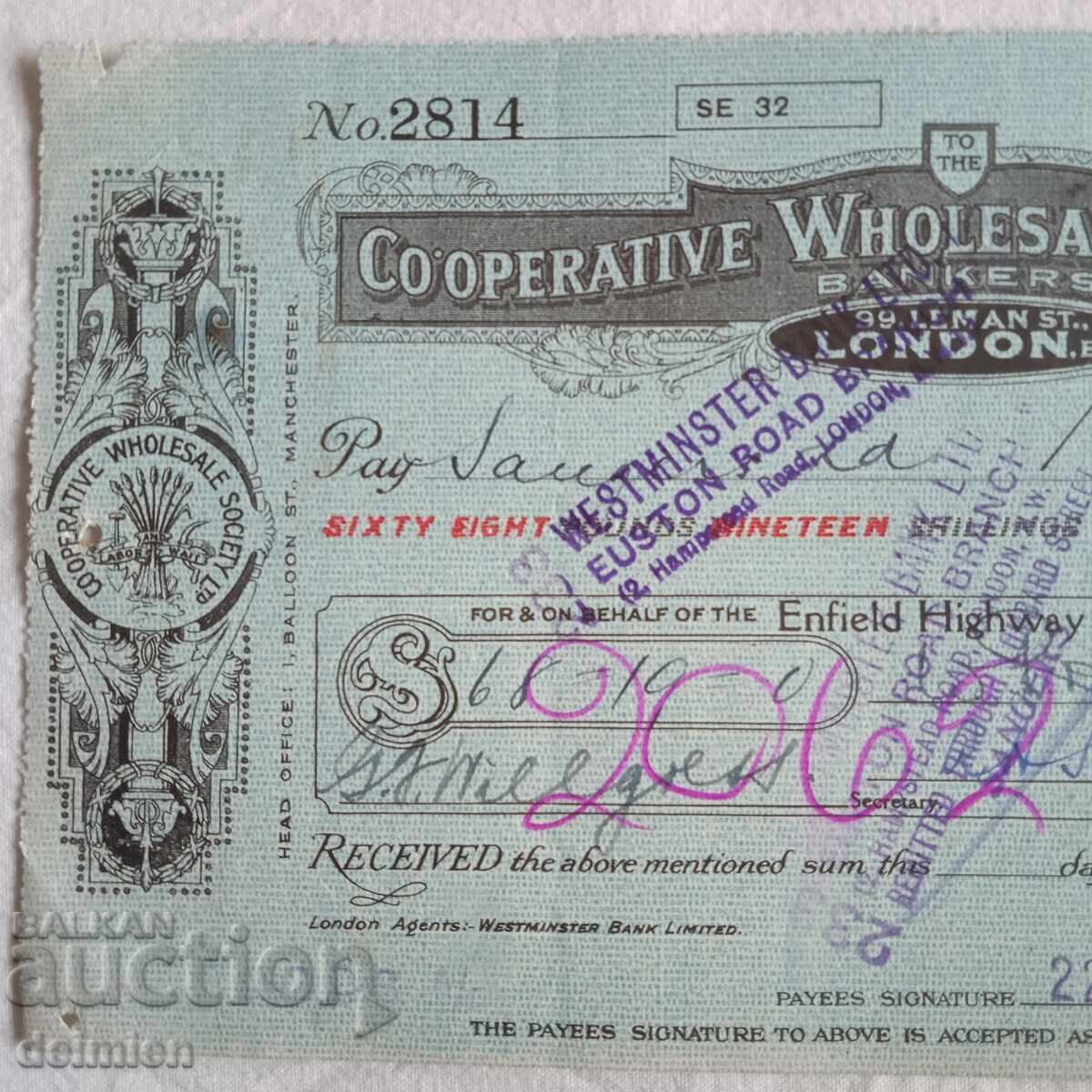 Δημοπρασία 1931 Αγγλία Μπον, Τραπεζικό Επιταγή, Εμπορική Επιταγή Λονδίνο,1931