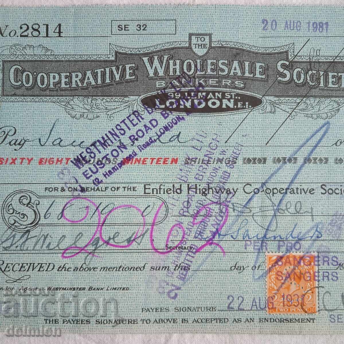 Παράδοση 1931 Αγγλία Μπον, Τραπεζικό Επιταγή, Εμπορική Επιταγή Λονδίνο,1931