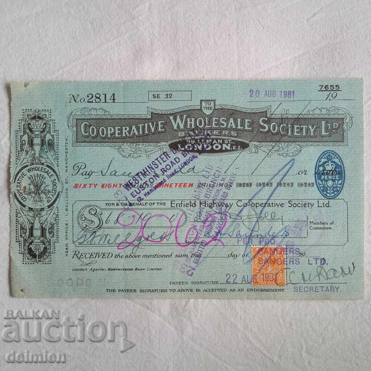 1931 Αγγλία Μπον, Τραπεζικό Επιταγή, Εμπορική Επιταγή Λονδίνο,1931