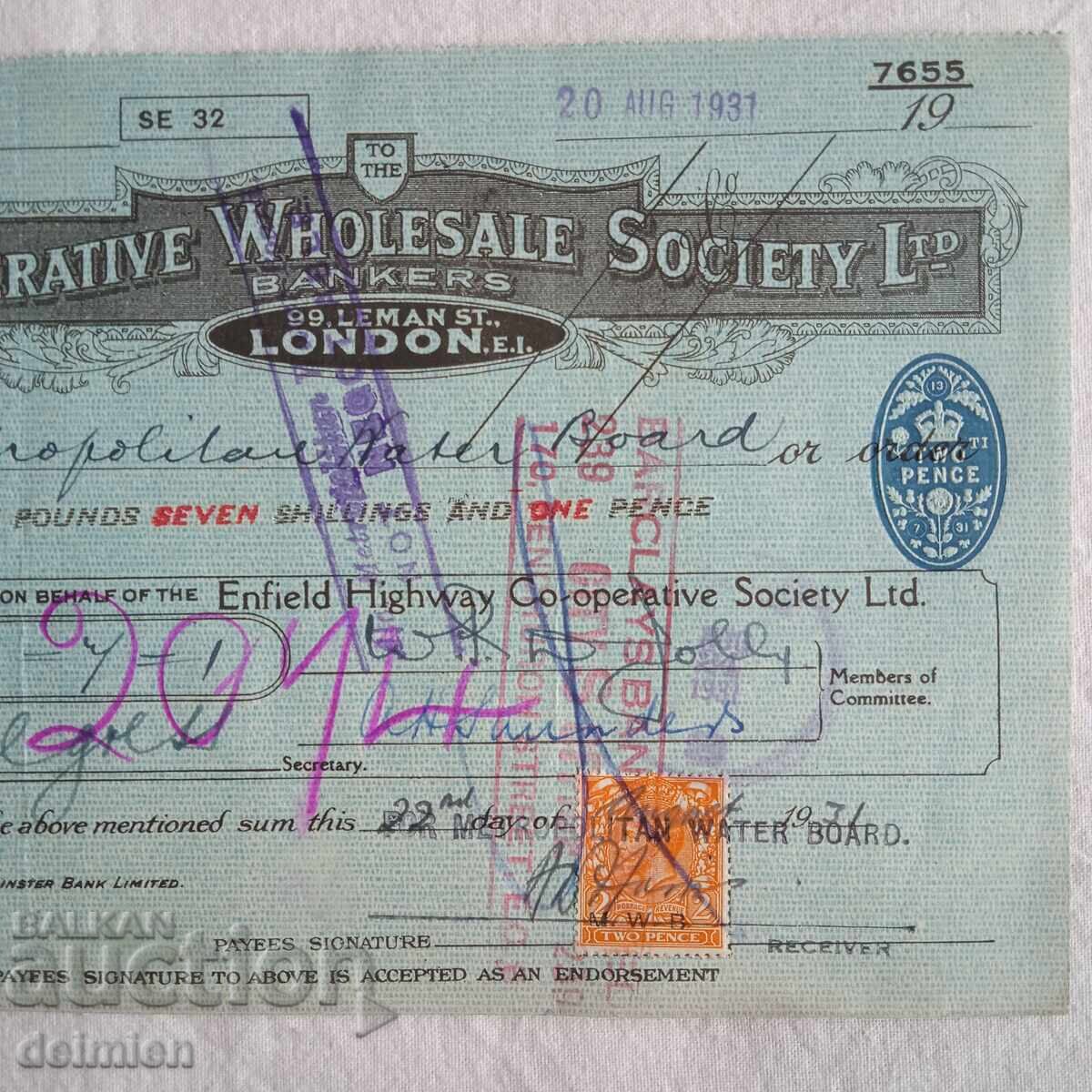 Παράδοση 1931 Αγγλία Μπον, Τραπεζικό Επιταγή, Εμπορική Επιταγή Λονδίνο,1931