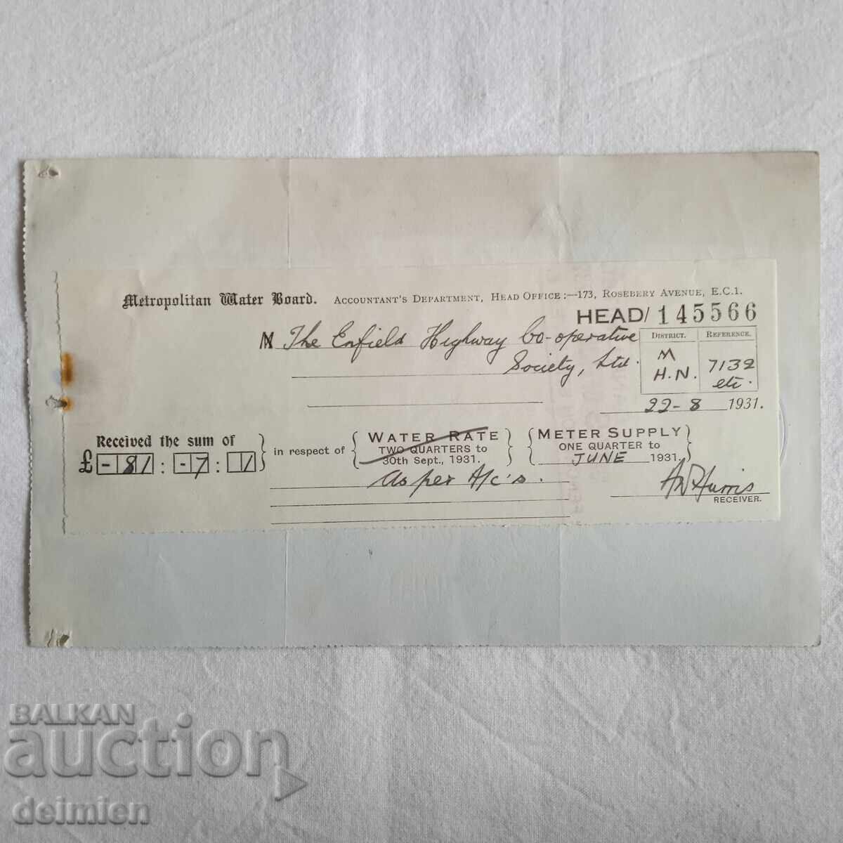 1931 Αγγλία Μπον, Τραπεζικό Επιταγή, Εμπορική Επιταγή Λονδίνο,1931 - 5