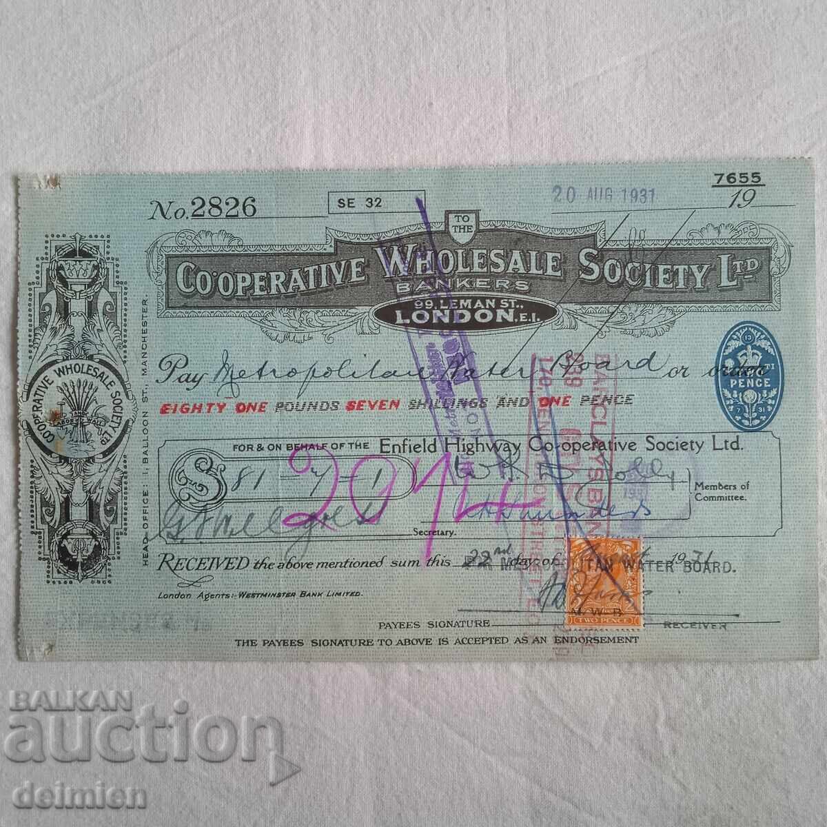 1931 Αγγλία Μπον, Τραπεζικό Επιταγή, Εμπορική Επιταγή Λονδίνο,1931