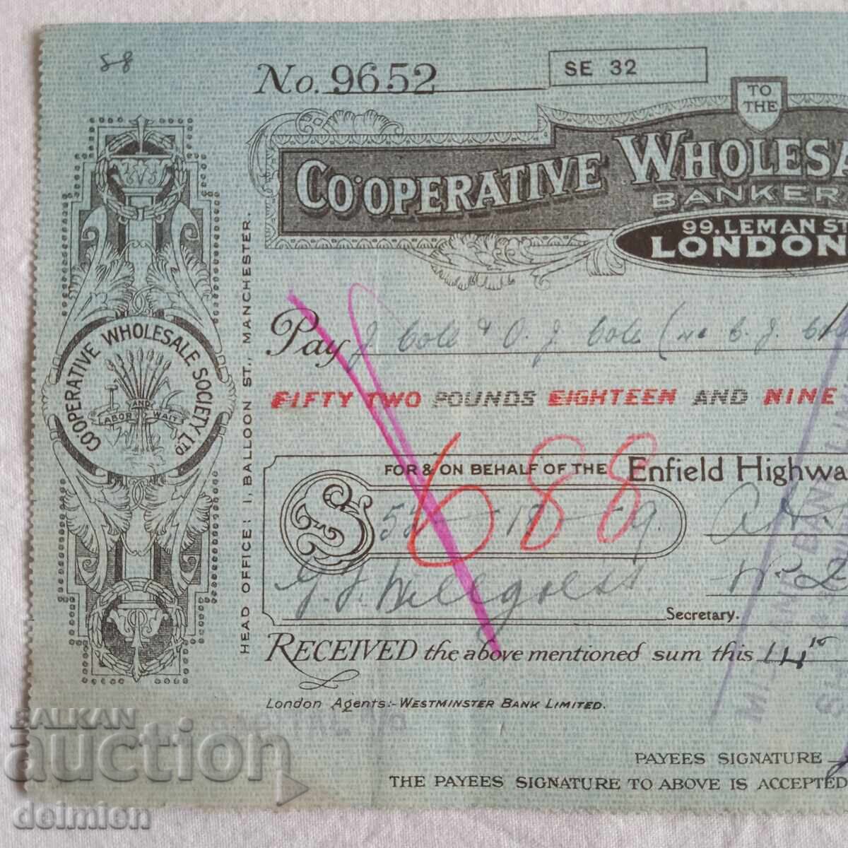 Licitație 1932 Anglia Bon, Cec Bancar, Cec Comercial Londra, 1932