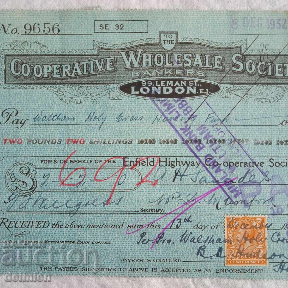 Delivery of 1932 England Bond, Bank Cheque, Commercial Cheque London, 1932