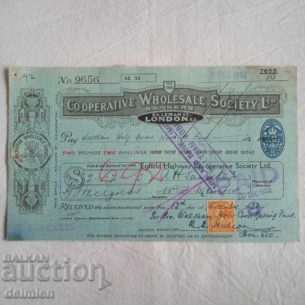 1932 England Bond, Bank Cheque, Commercial Cheque London, 1932