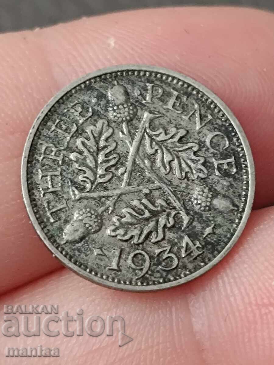 3 пенса 1934 г. Сребро ! с цена € 9.00 | 17.60 лв.