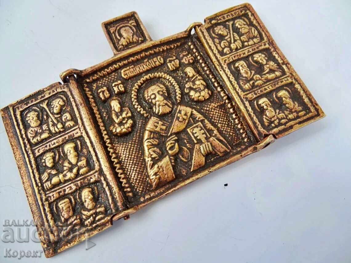 Auction  Old Orthodox Bronze Triptych, Icon of St. Nicholas