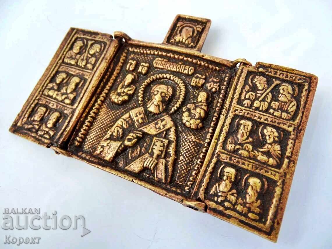 Delivery of Old Orthodox Bronze Triptych, Icon of St. Nicholas