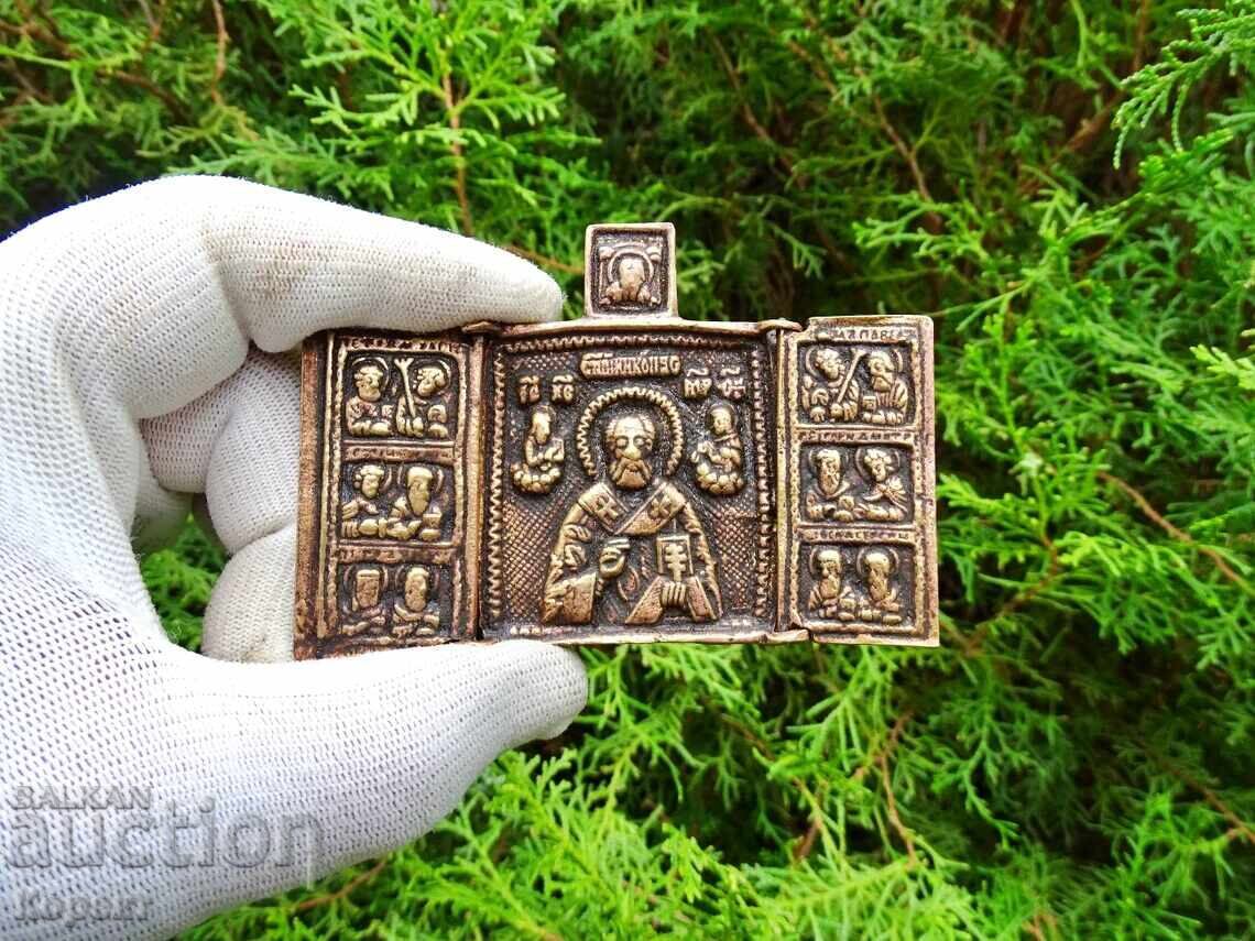 Old Orthodox Bronze Triptych, Icon of St. Nicholas