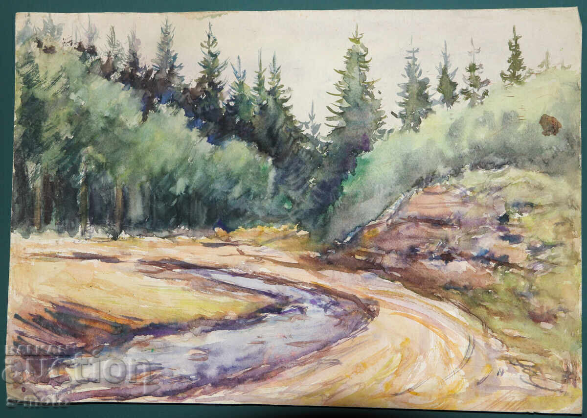 Tablou acuarelă peisaj drum forestier cu preț € 100.00 | 195.58 BGN
