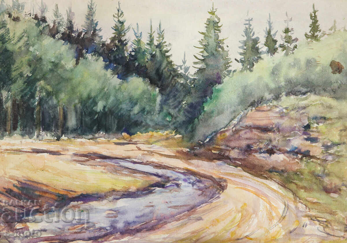 Licitație Tablou acuarelă peisaj drum forestier