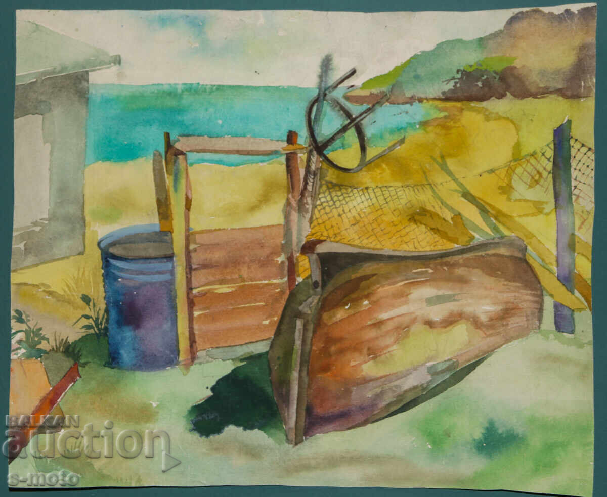 Pictură acuarelă peisaj cu bărci de pescuit cu preț € 100.00 | 195.58 BGN Pictură acuarelă peisaj cu bărci de pescuit cu preț € 100.00 | 195.58 BGN