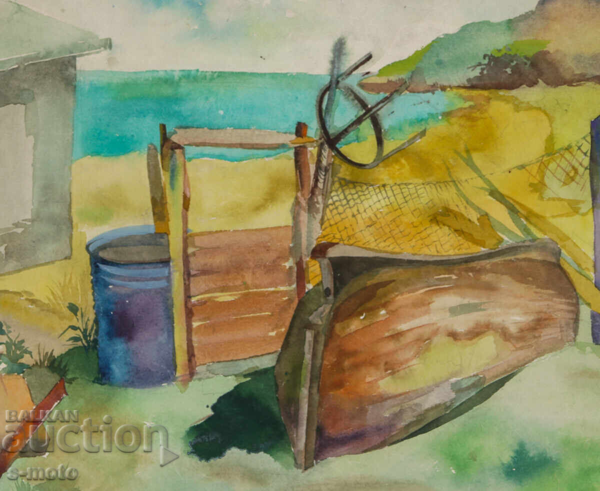 Licitație Pictură acuarelă peisaj cu bărci de pescuit Licitație Pictură acuarelă peisaj cu bărci de pescuit