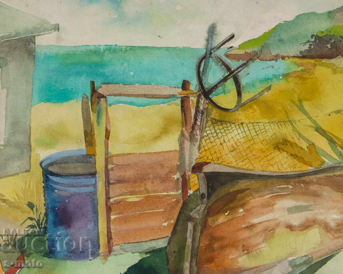 Livrarea Pictură acuarelă peisaj cu bărci de pescuit Livrarea Pictură acuarelă peisaj cu bărci de pescuit