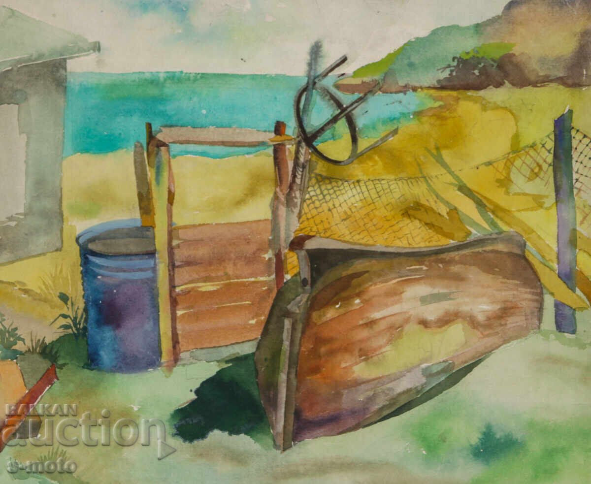 Pictură acuarelă peisaj cu bărci de pescuit Pictură acuarelă peisaj cu bărci de pescuit