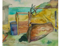 Watercolor painting landscape with fishing boats