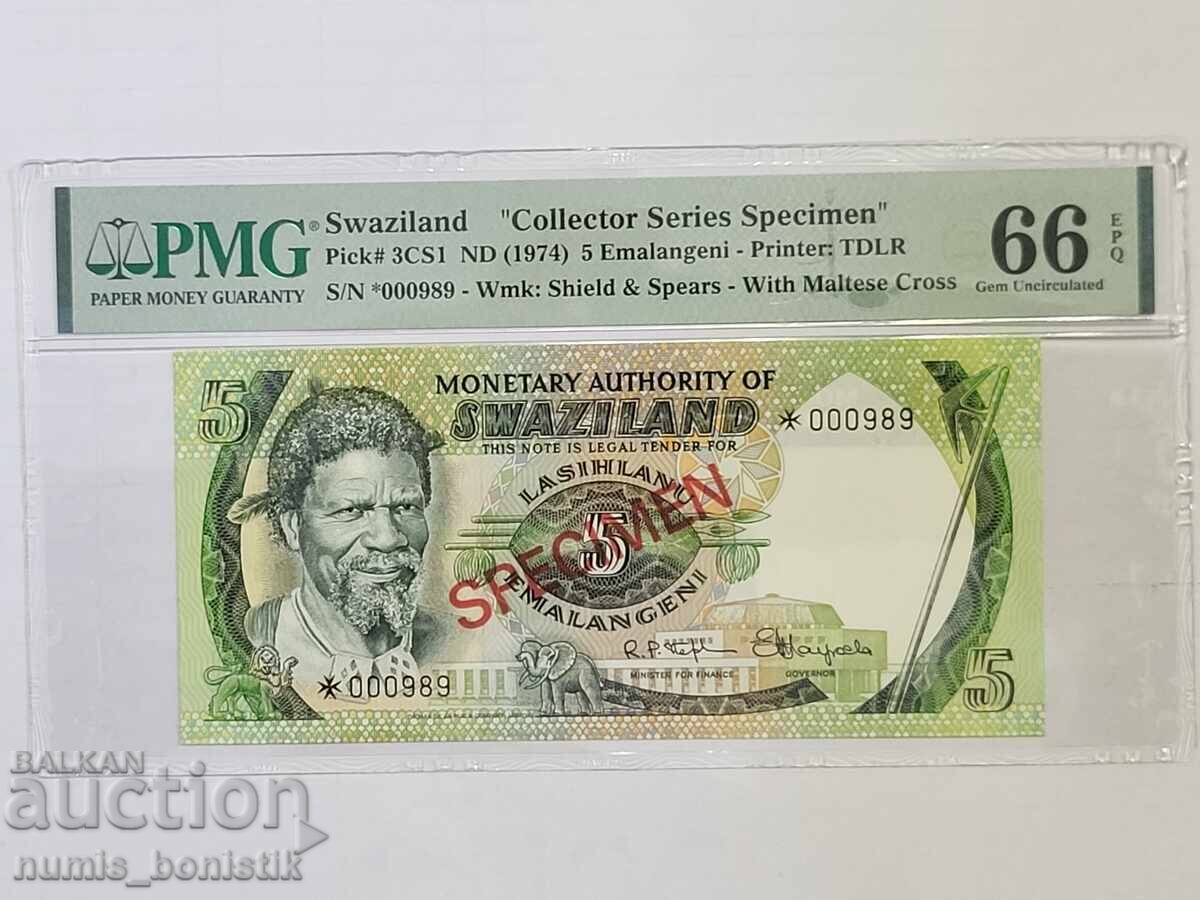 5 Emalangeni Swaziland 1974 г. PMG 66 EPQ Specimen 5 Emalangeni Swaziland 1974 г. PMG 66 EPQ Specimen