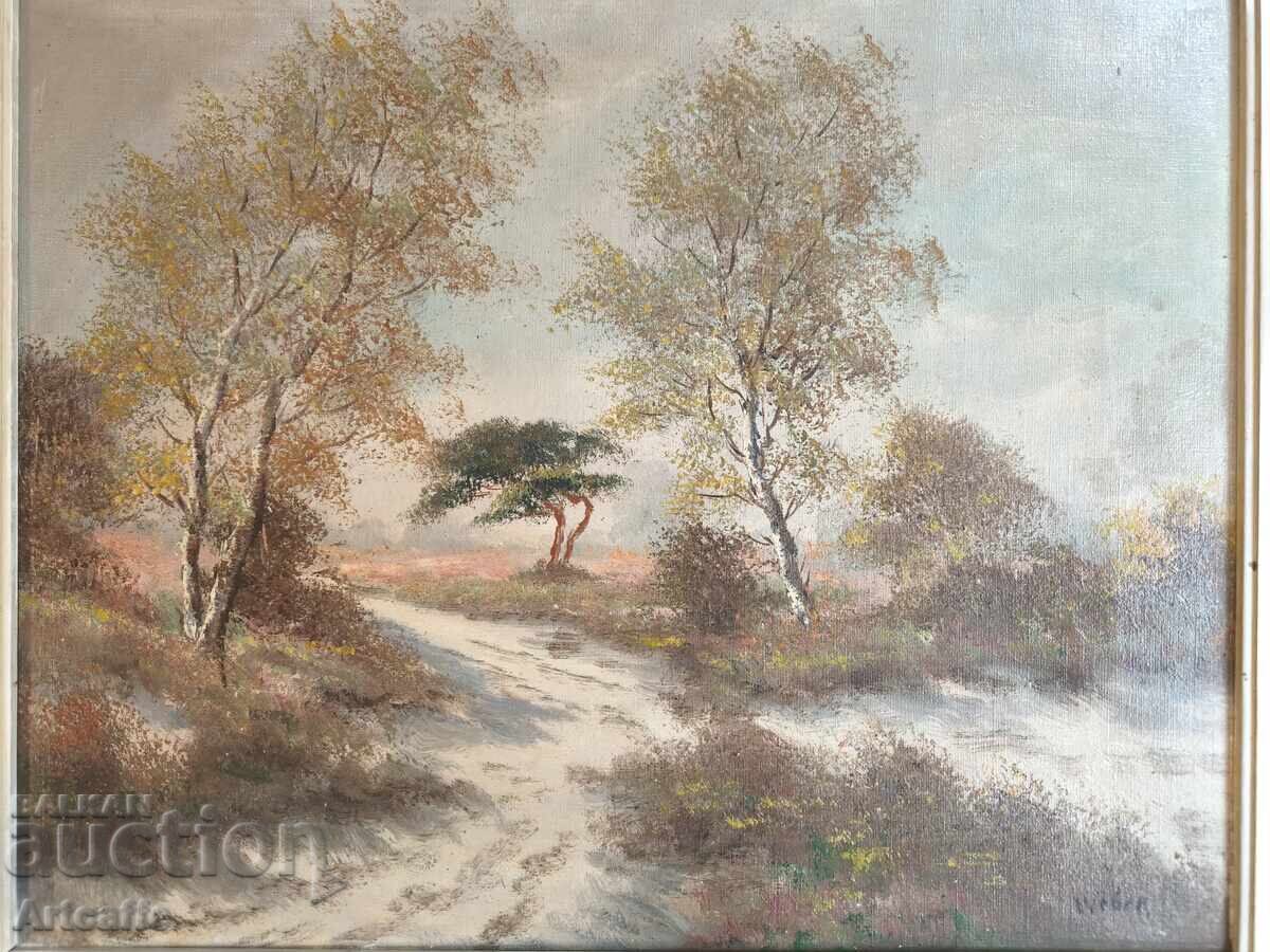 Pictură în ulei vintage „Peisaj cu mesteceni”, autor Weber cu preț € 200.00 | 391.17 BGN