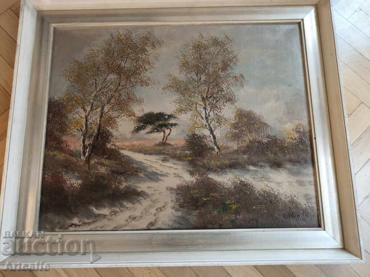 Pictură în ulei vintage „Peisaj cu mesteceni”, autor Weber - 6