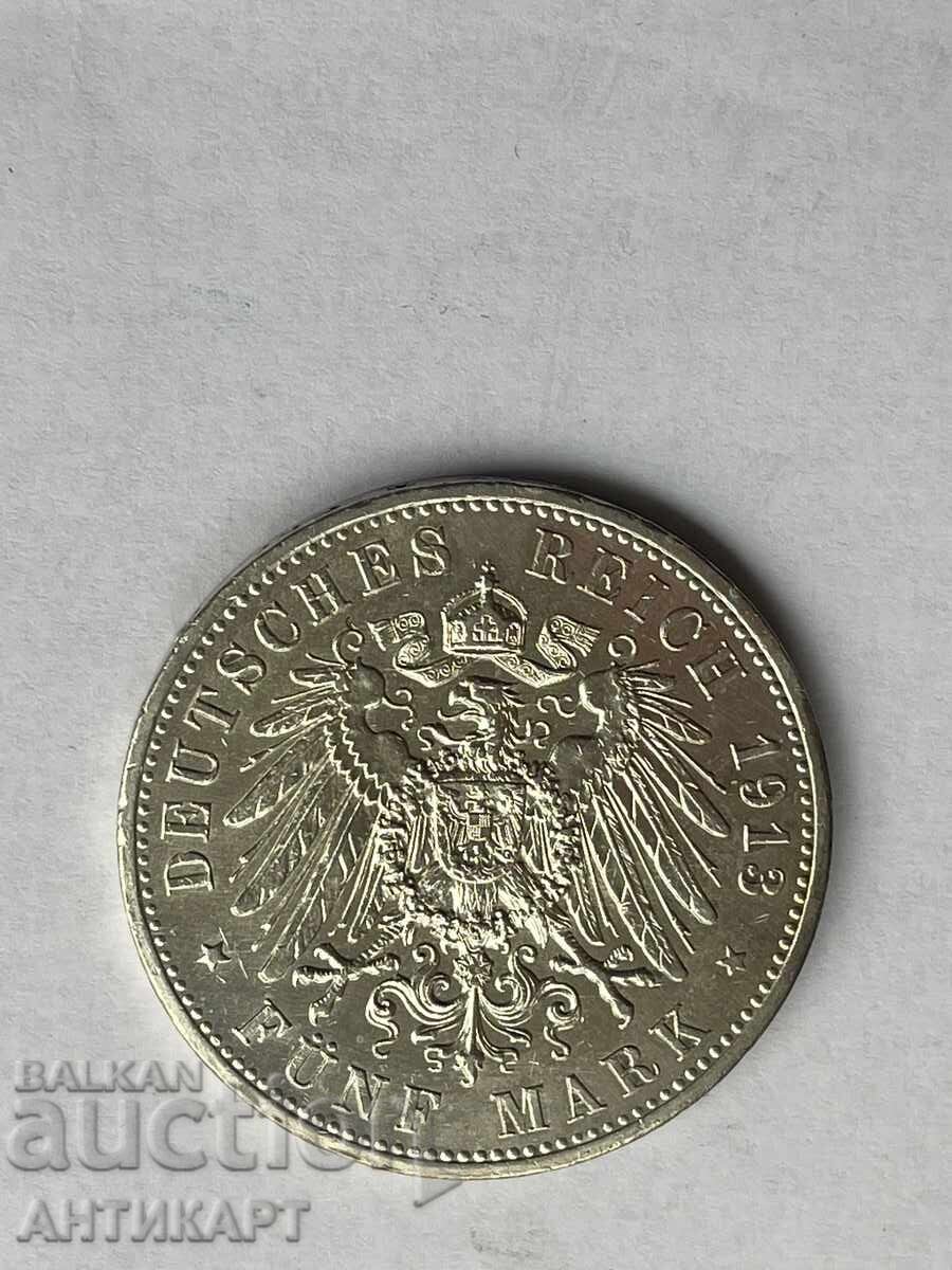 сребърна монета 5 марки 1913 Германия Prussia отлична с цена € 72.00 | 140.82 лв.