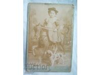 Old cardboard photo - child with horse and dog, photo Hadjolan, Varna