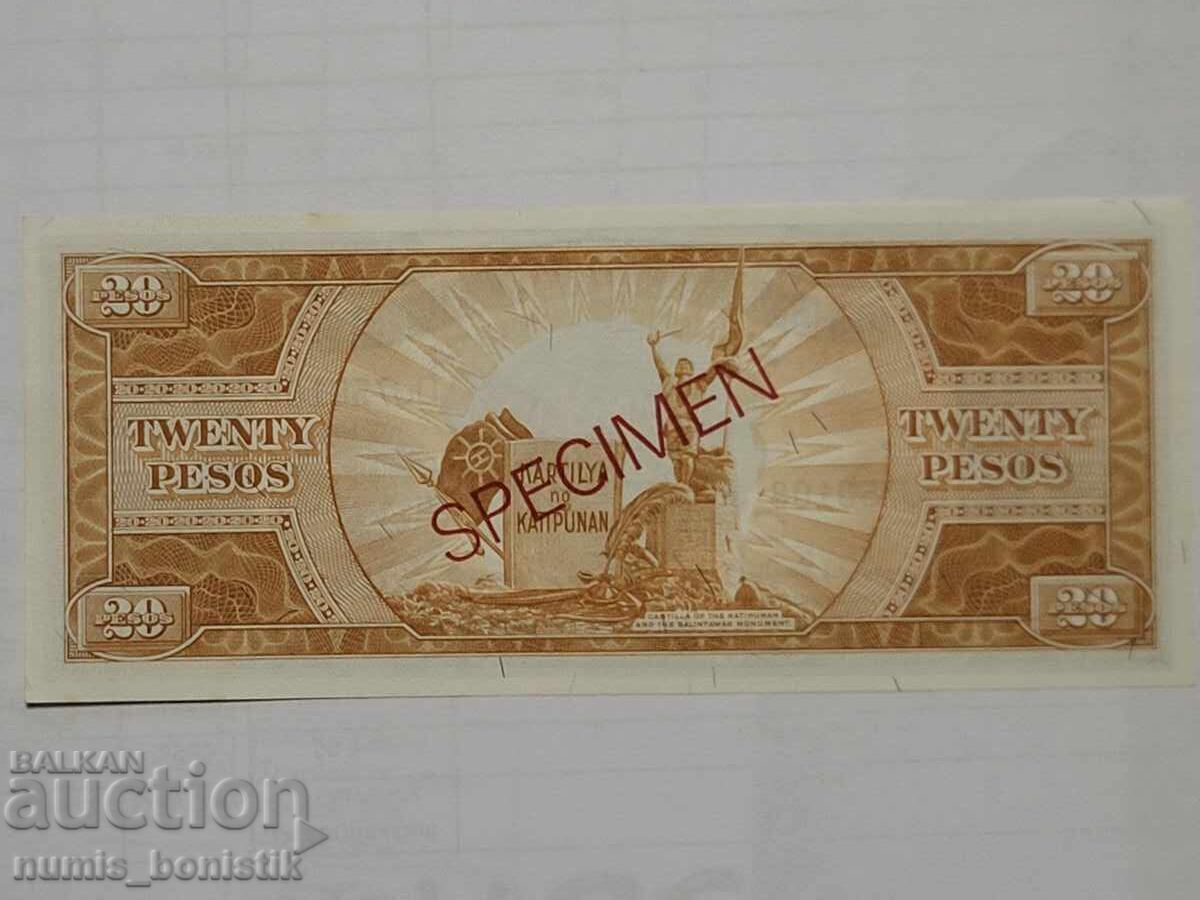 20 pesos Filipine UNC Specimen cu preț € 59.00 | 115.39 BGN