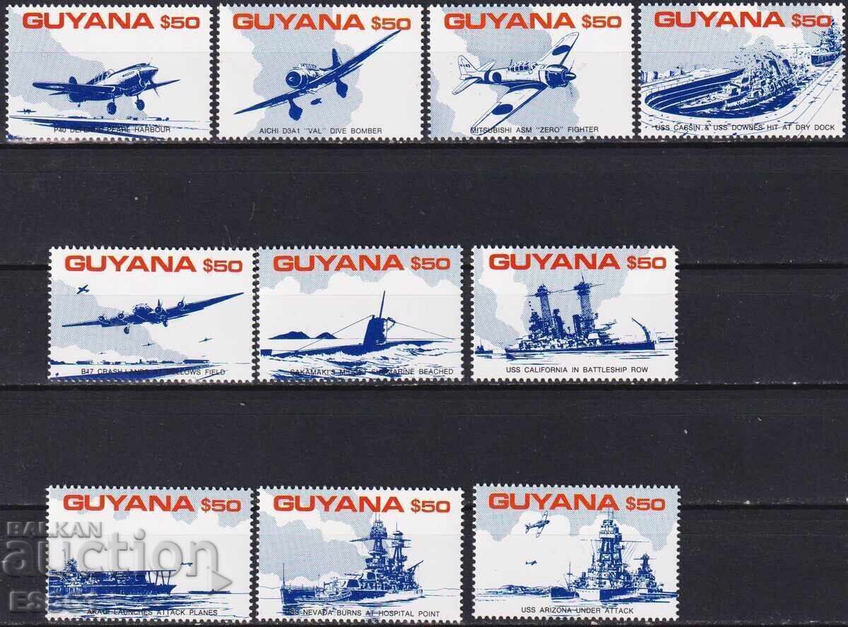 Mărci poștale neștampilate Avioane Nave Pearl Harbor 1991 din Guyana