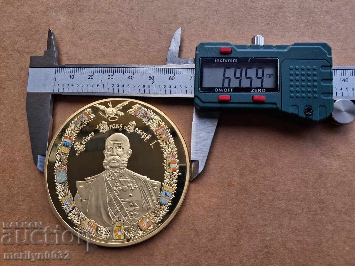 Auction  Commemorative plaque medal Franz Joseph gilded Cu 70mm enamel