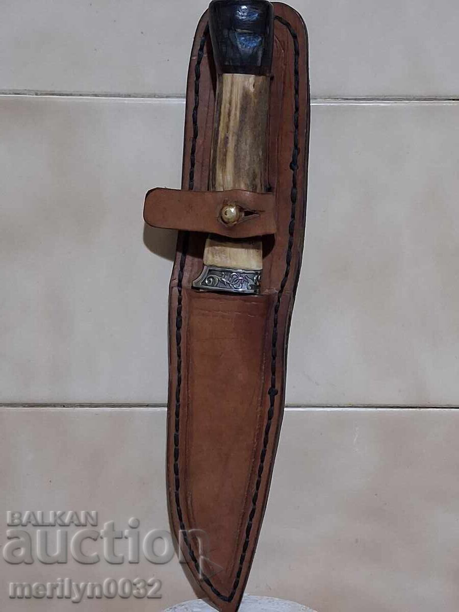 Cuțit de vânătoare cu teacă, vultur, gravuri, corn de cerb și corn de bivol - 7
