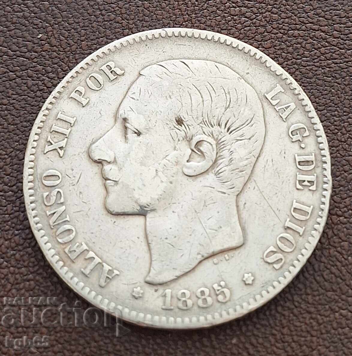 5 pesete 1885 argint Spania . N-13 cu preț € 74.65 | 146.00 BGN