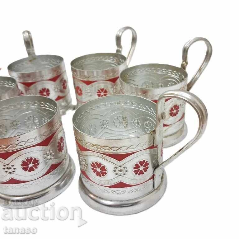 Suporturi de pahar sovietice din aluminiu, 6 buc. URSS (10.4) - 7 Suporturi de pahar sovietice din aluminiu, 6 buc. URSS (10.4) - 7