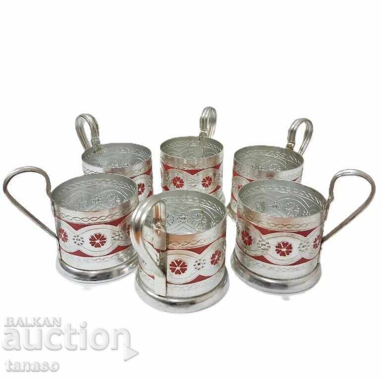Suporturi de pahar sovietice din aluminiu, 6 buc. URSS (10.4) Suporturi de pahar sovietice din aluminiu, 6 buc. URSS (10.4)