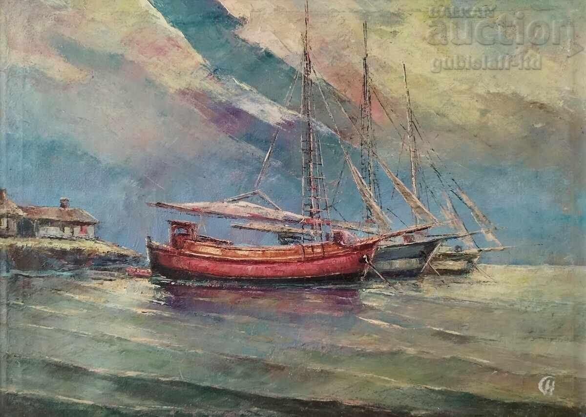 Картина, море, лодки, худ. Н. Селиванов, 1978 г. с цена € 800.00 | 1564.66 лв.