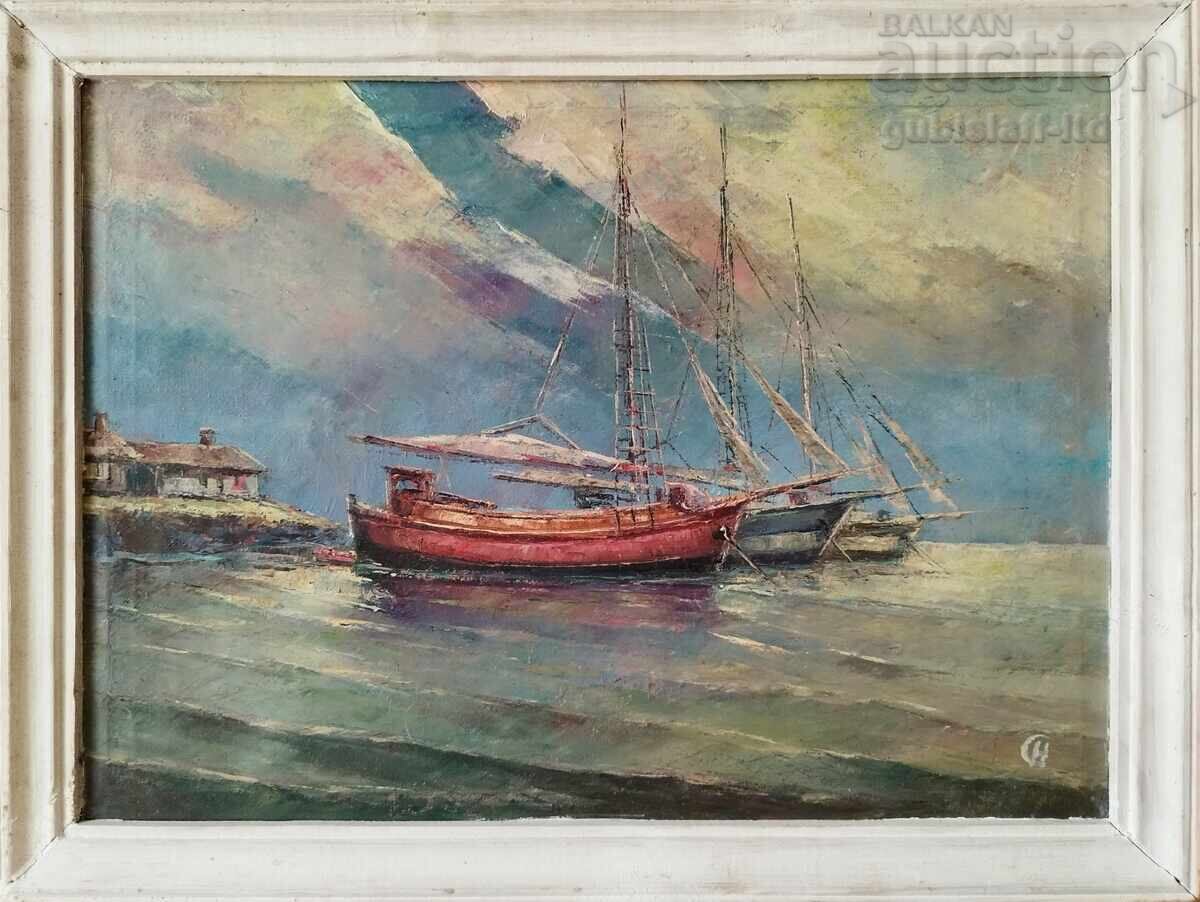 Картина, море, лодки, худ. Н. Селиванов, 1978 г.