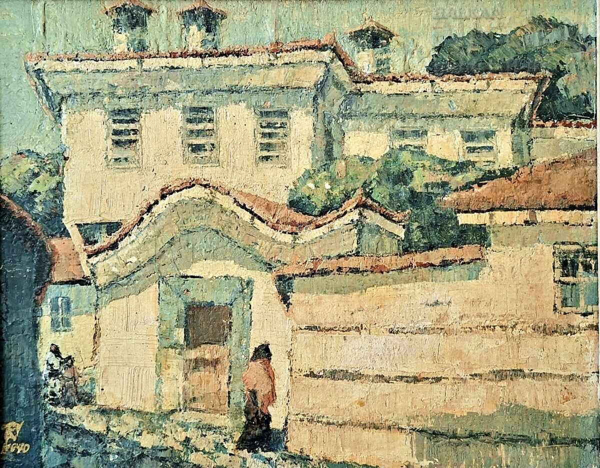 Tablou, peisaj, case, pictor Petăr Nikolov (1928-2020) cu preț € 600.00 | 1173.50 BGN Tablou, peisaj, case, pictor Petăr Nikolov (1928-2020) cu preț € 600.00 | 1173.50 BGN