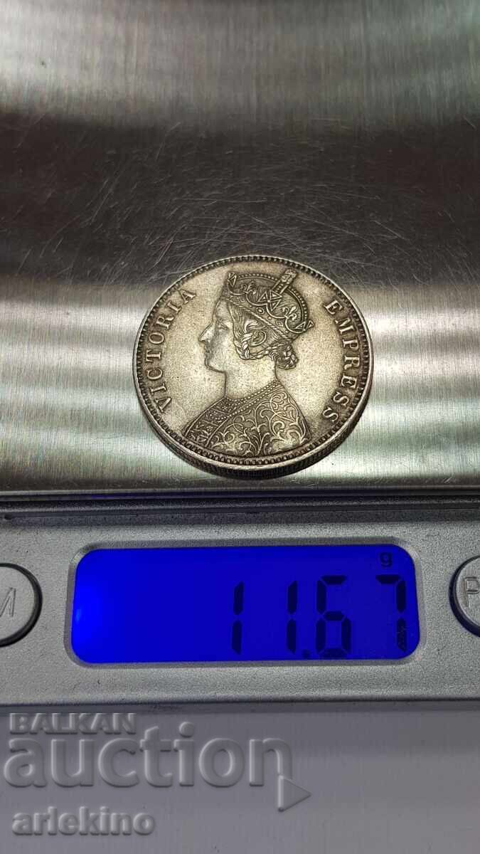 Рядка сребърна монета 1 Рупея 1892 - Британска Индия - 7