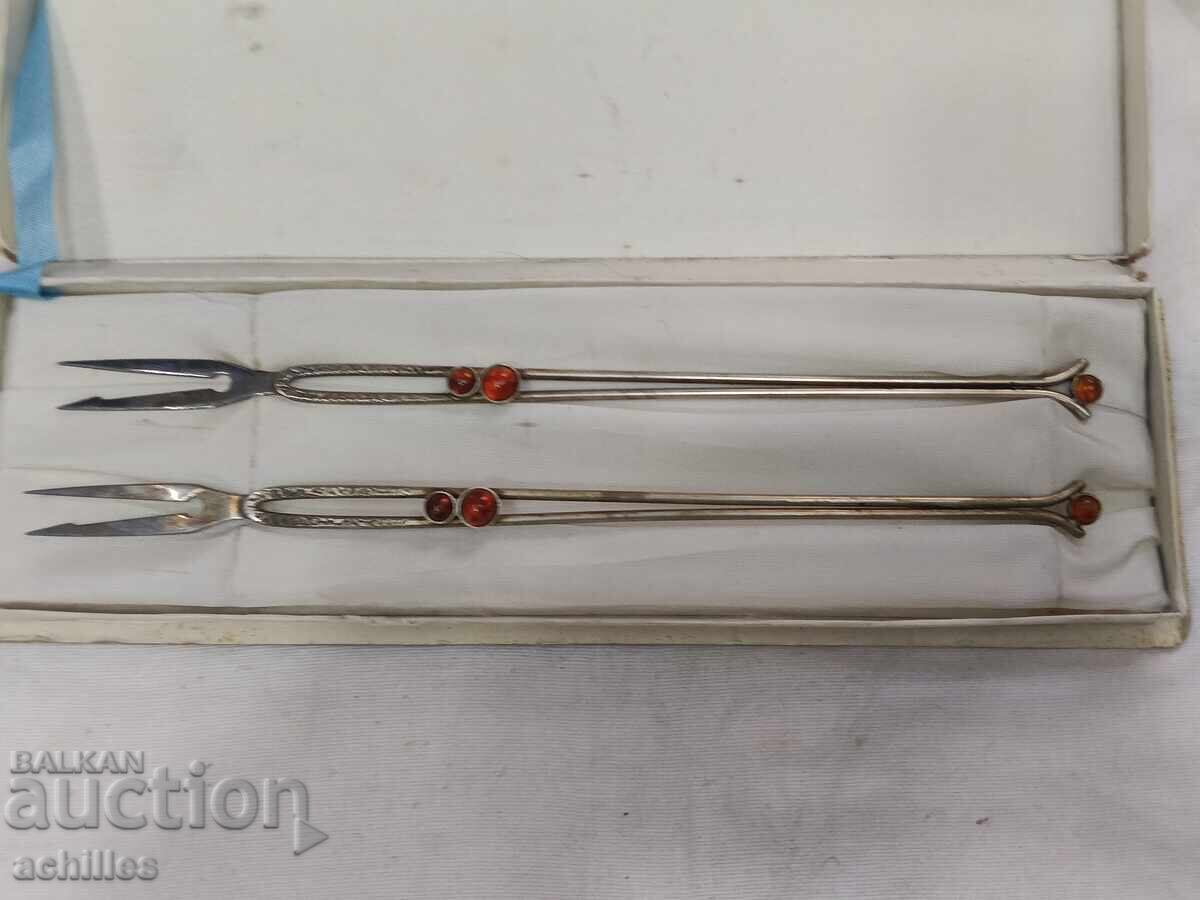 Furculițe rusești argintate cu chihlimbar - 7 Furculițe rusești argintate cu chihlimbar - 7