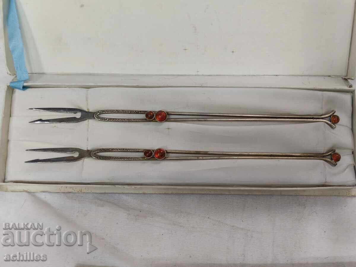 Furculițe rusești argintate cu chihlimbar Furculițe rusești argintate cu chihlimbar