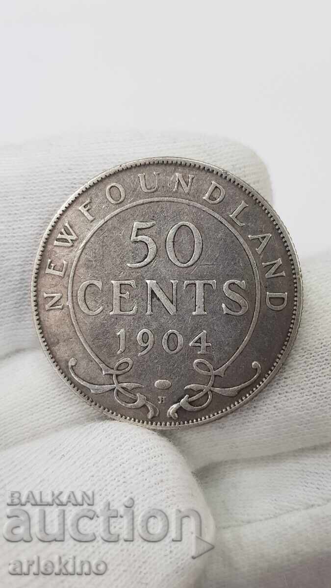 Monedă de argint foarte rară de 50 cenți - 1904 - NEWFOUNDLAND