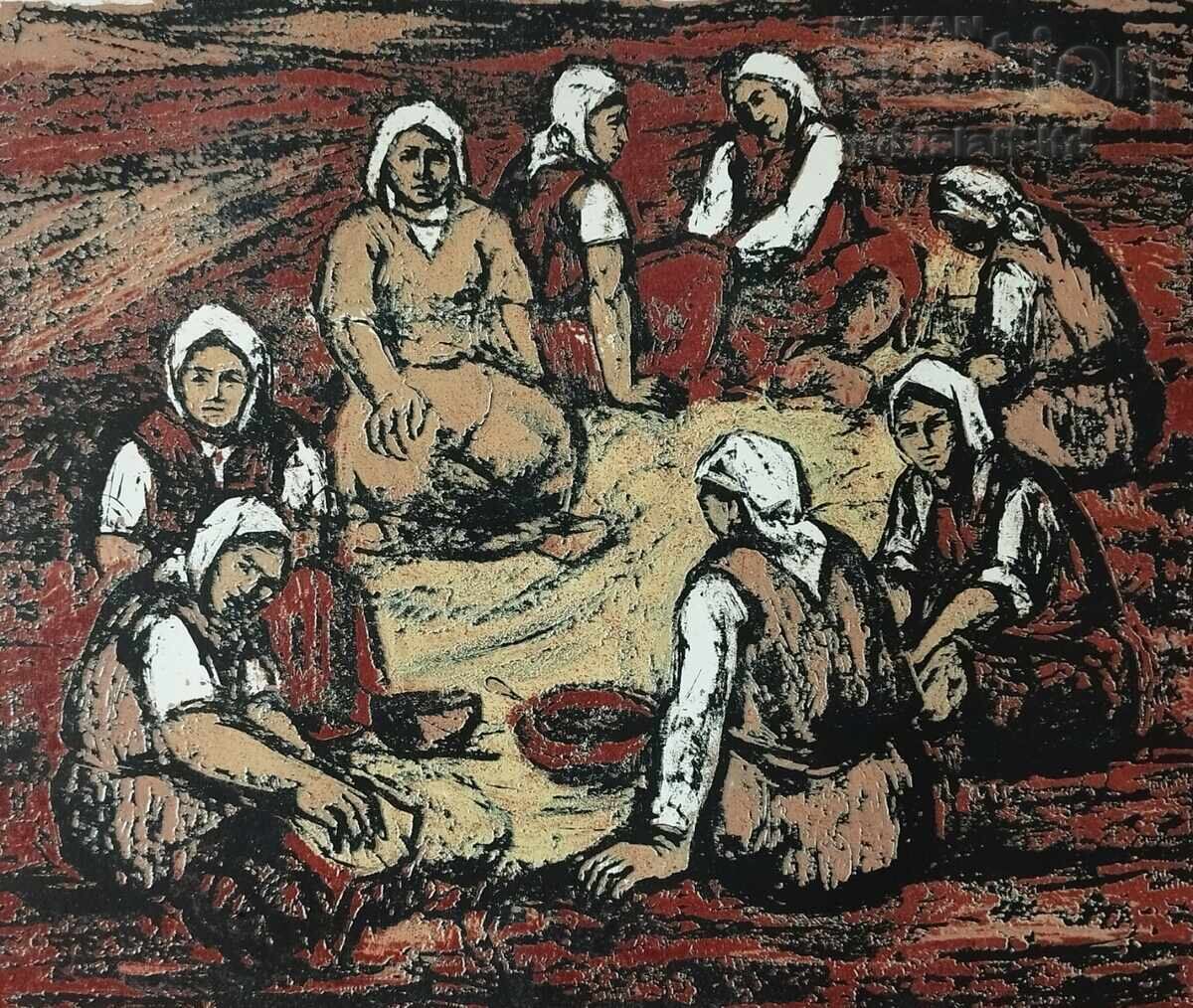 Картина, графика "Бели забрадки", худ. Т. Трендафилов, 1979 с цена € 350.00 | 684.54 лв.