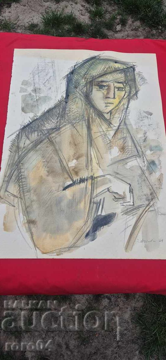 ZLATKA DĂBOVA ( 1927 - 1997 ) " FATA " - ACUARELĂ