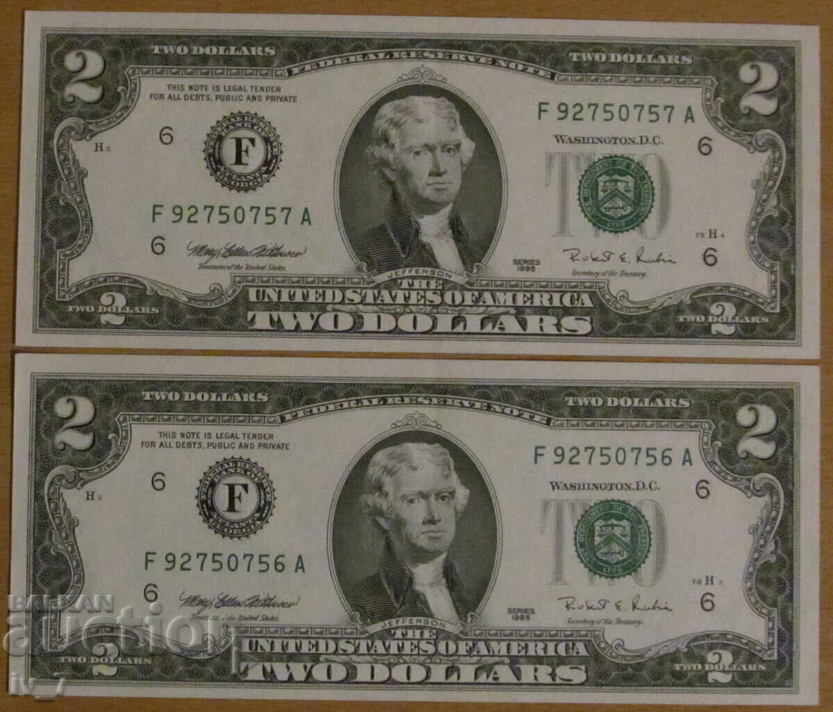 2 DOLARI 1995, SUA - 2 bucăți numere consecutive - UNC 2 DOLARI 1995, SUA - 2 bucăți numere consecutive - UNC