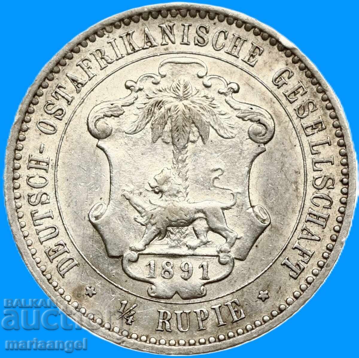 Доставка на 1/4 Рупия 1891 Германия Източна Африка 2.91г Вилхелм II Ag