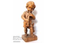 LARGE ORIGINAL WOODEN FIGURE, SCULPTURE BOY WITH A WHISTLE