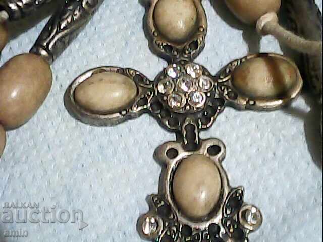 стар посребрен гердан със кръст  естествени камени - 7