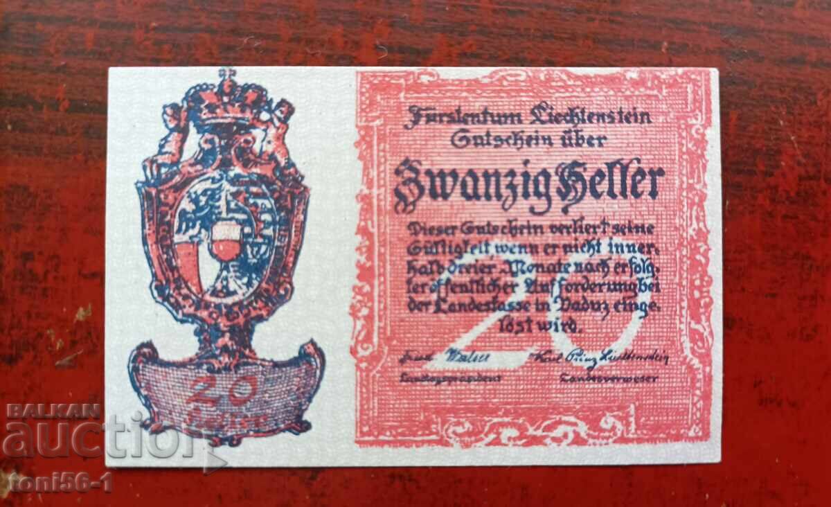 Liechtenstein 20 heleri 1920 UNC